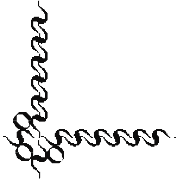 The image shows a black and white line drawing of an abstract design that resembles a coiled rope with loops on top forming what appears to be waves or spirals in motion against a plain background.