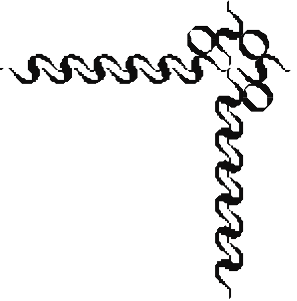 The image shows a black and white illustration of an abstract design that resembles a coiled spring with curved lines forming loops around each other in various orientations against a dark background.