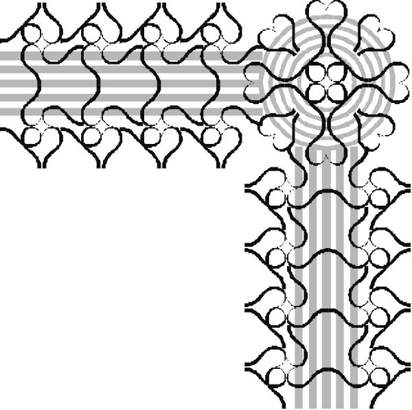 The black and white illustration features a stylized cross with intricate patterns on its arms against an abstract background that resembles lacework.