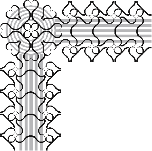 The black and white illustration shows a stylized cross with intricate designs on either side of it against an abstract background that resembles lacework patterns.