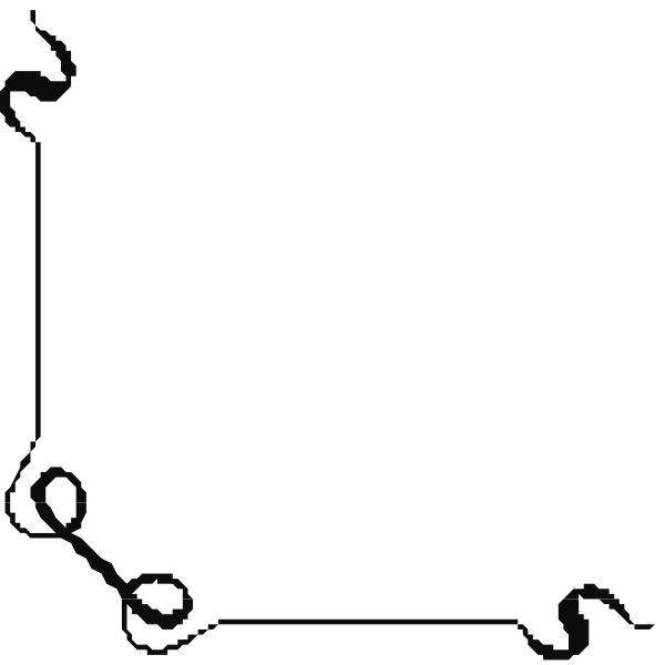The image shows a simple black and white line drawing of an abstract shape with lines connecting it to other shapes that resemble musical notes on staves.