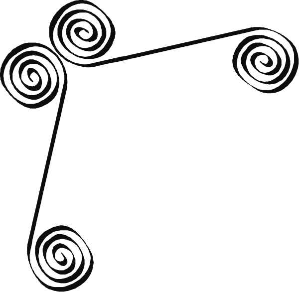 The black and white illustration shows a stylized swirl pattern with three loops connected by straight lines forming an abstract shape that resembles a starfish on its side against a dark background.