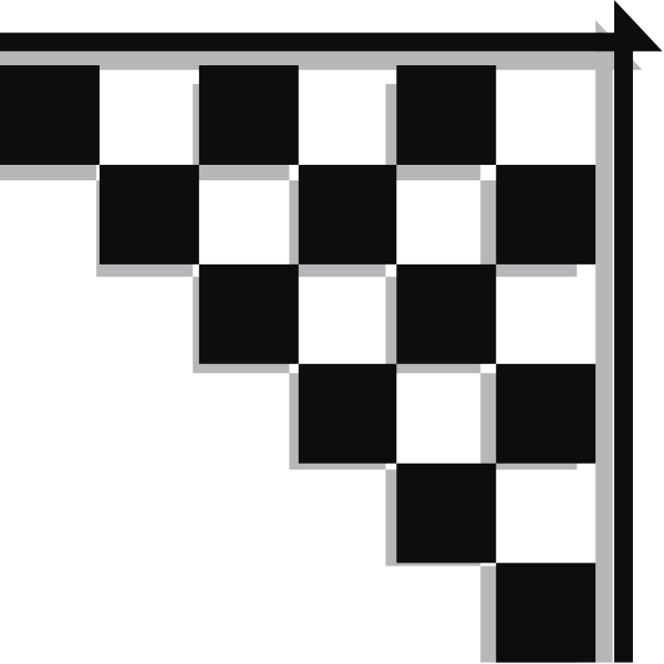 The image shows a black and white pixelated representation of an abstract staircase with various shapes on it against a dark background.