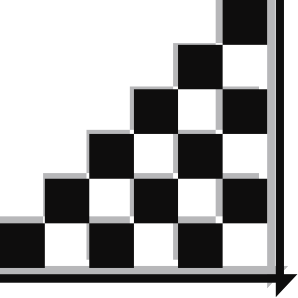 The image shows a black and white pixelated representation of two staircases with different numbers of steps on each side; to their right is an abstract pattern resembling a checkerboard design in shades of gray, suggesting it might be part of another object or concept not fully visible within the frame.