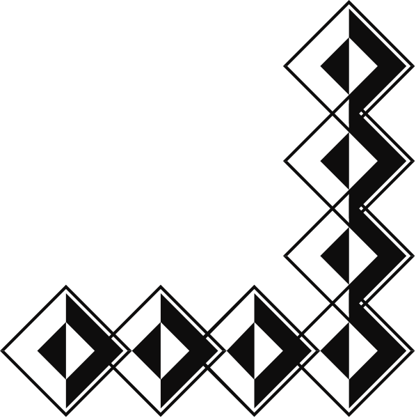 The image shows a black and white pattern with geometric shapes resembling musical notes on staves against a dark background.