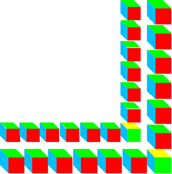 The image shows a pixelated representation of an abstract structure composed of colorful cubes against a black background with no discernible features that suggest any specific object, person, animal, action, or setting beyond its geometric form and vibrant hues.