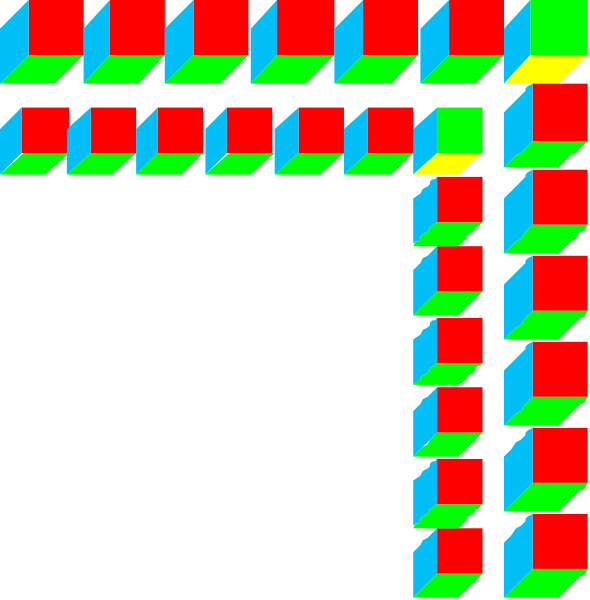 The image shows a pixelated representation of an abstract structure with geometric shapes resembling blocks forming what appears to be a three-dimensional frame within another larger blocky shape that has been rotated 90 degrees, creating a sense of depth and perspective in this digital art piece. There are no people or animals present; the focus is on the arrangement of these colorful pixel elements which give an impression of blocks stacked together to form various shapes like walls or pillars within another larger structure that could be interpreted as a room with multiple openings, suggesting it might represent some sort of virtual space