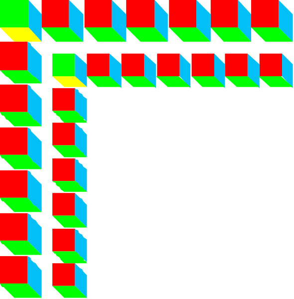 The image shows a pixelated representation of an abstract pattern with geometric shapes resembling blocks forming what appears to be a three-dimensional structure within two rectangular frames on either side; there is no text present in this clip-art depiction, and it does not represent any real objects or actions.
