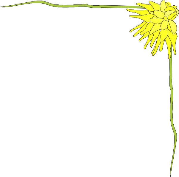 The image shows a black background with two yellow flowers on either side of what appears to be an abstract plant stem extending from left to right across the center in white lines against darker green shading that suggests leaves, all set within a simple outline border resembling paper or cardstock edges.