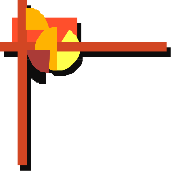 The image shows a red cross with an orange flame on top of it against a black background.