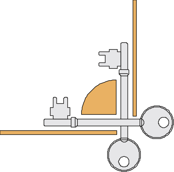 The black and white illustration shows a simple mechanical device with various parts connected by lines to form an abstract structure resembling machinery against a dark background.