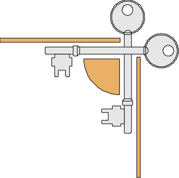 The image shows a black background with two white keys on top of each other near an orange line that appears to be part of some sort of mechanical device or structure.