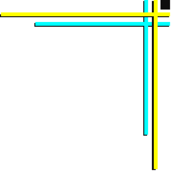 The image shows a simple black cross on top of two yellow lines against a dark background with blue outlines around each line's intersection points.