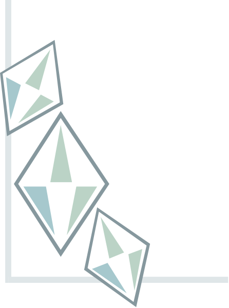 The image shows a collection of six stylized diamond shapes with varying sizes against a white background on what appears to be an abstract grid pattern in shades of gray.