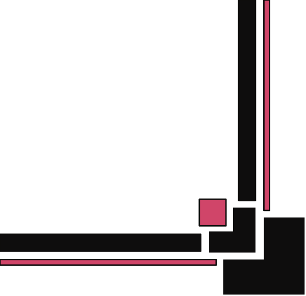 The image shows a simple black and white pixelated representation of an abstract room with geometric shapes forming walls and flooring, featuring two pink rectangles that could be interpreted as doors on opposite sides at top corners against dark backgrounds; there is no text present in this clip-art style illustration.