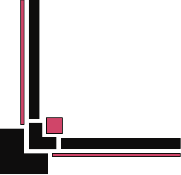 The image shows a simple black and white pixelated representation of an abstract room with geometric shapes on walls forming what appears to be furniture like chairs and tables against one wall.
