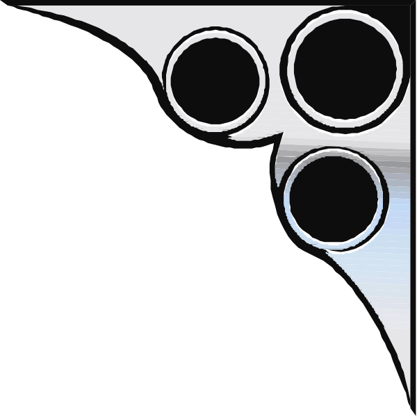 The image shows a stylized graphic of three interlocking rings with six holes each, resembling gun barrels against a black background.