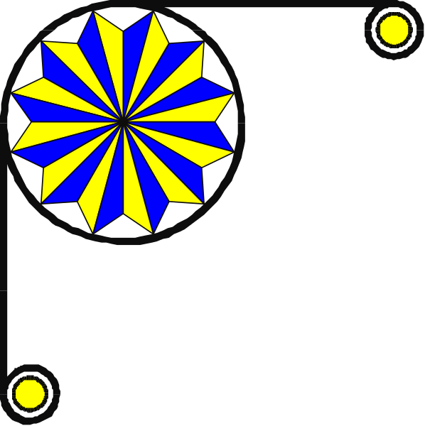 The image shows a simple black background with four blue circles containing yellow stars arranged diagonally from top left to bottom right corners of an invisible square frame.