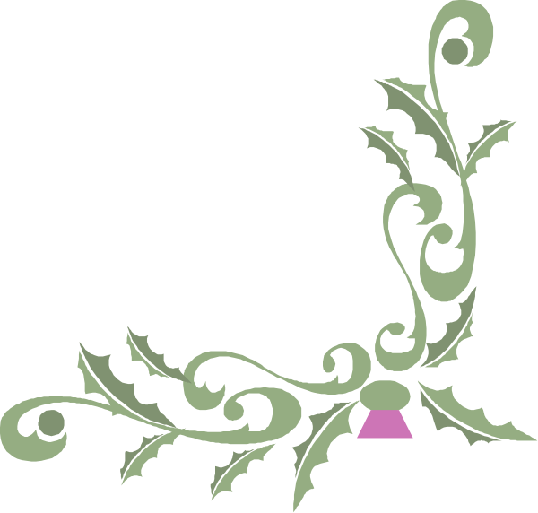 The image shows a black background with an intricate green design featuring swirling patterns that resemble ivy leaves on either side of what appears to be a small pink flower in the center.