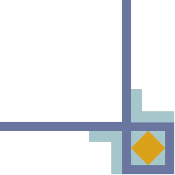 The image shows a simple black and white pixelated representation of an abstract design with geometric shapes forming what appears to be a grid-like pattern on top of which there is another layer that includes two yellow squares, one in each corner diagonally opposite from each other.