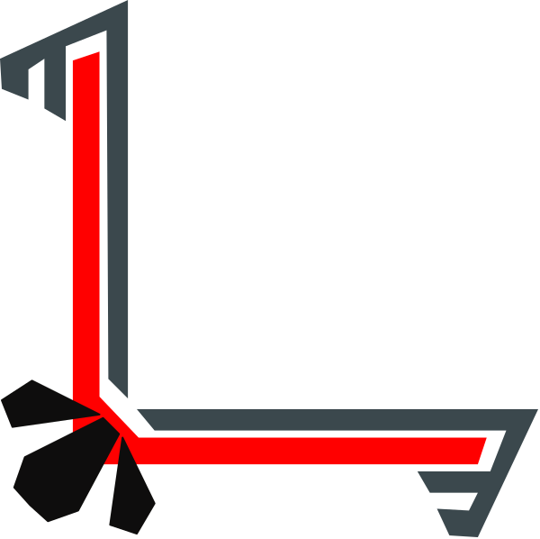 The image shows a stylized graphic with an abstract design featuring red lines forming what appears to be two intersecting shapes resembling letters 'L' and 'T', set against a dark background that has some lighter shading, giving it depth.