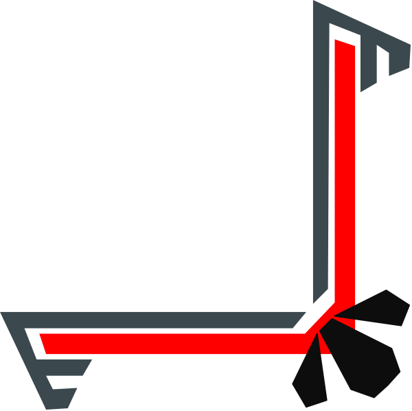 The image shows a stylized graphic of an abstract red arrow pointing downwards with two black lines on either side forming what appears to be wings or handles at each end.