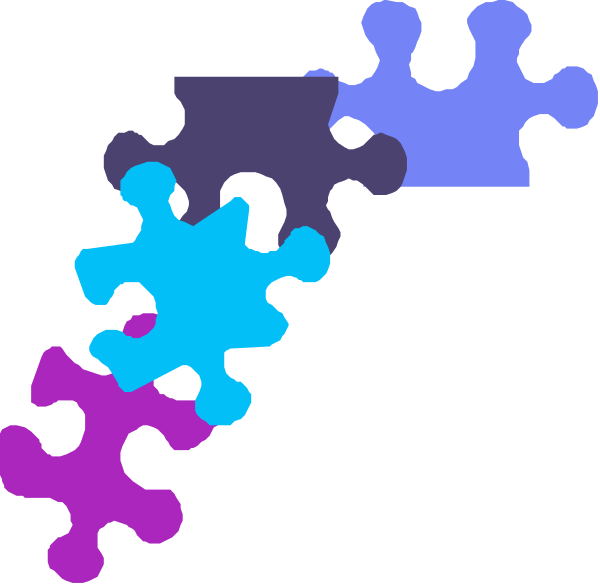 The image shows a black background with several colorful puzzle pieces scattered across it; there is no text present within this clip-art graphic.