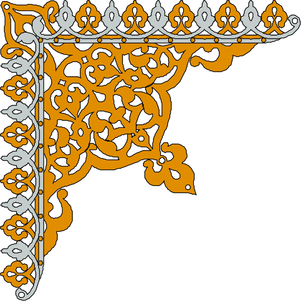 The image shows a decorative border with an intricate design featuring geometric patterns on either side of what appears to be a central vertical element that resembles stylized leaves in orange against a dark background; there is no text present, and it has a symmetrical appearance typical for such designs used as borders or frames.