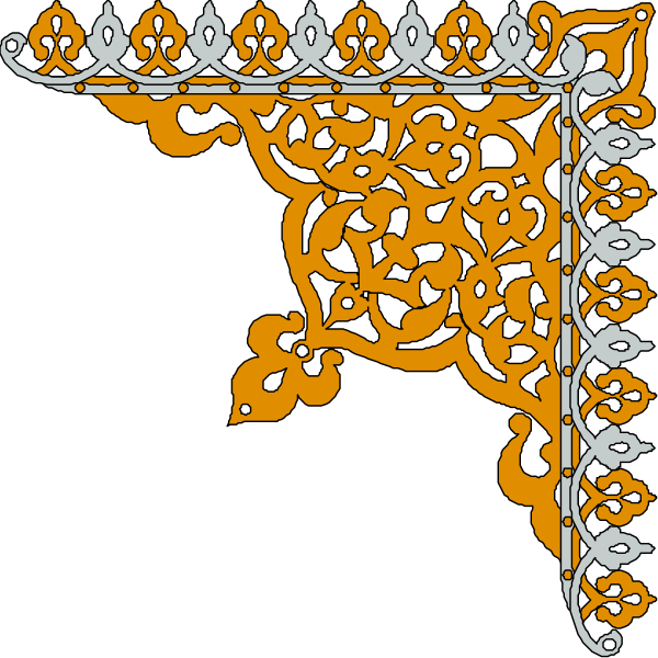 The image shows a decorative metalwork piece with intricate patterns resembling an archway design featuring geometric shapes such as circles within squares against a black background.