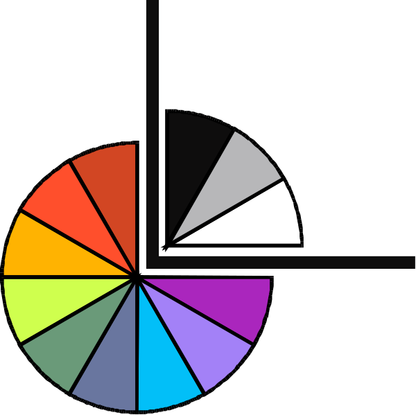The image shows a colorful pie chart with six segments representing different categories of data: red for "A", black for "B", gray for "C", white for "D", purple for "E", green for "F". Each segment is labeled and has an equal share in the whole, indicating proportions. To its right side there's a simple bicycle wheel with spokes connecting to two hub caps at either end of each spoke; one cap appears black while the other seems white or grayish-white. The background behind these elements is dark but does not provide any additional context about