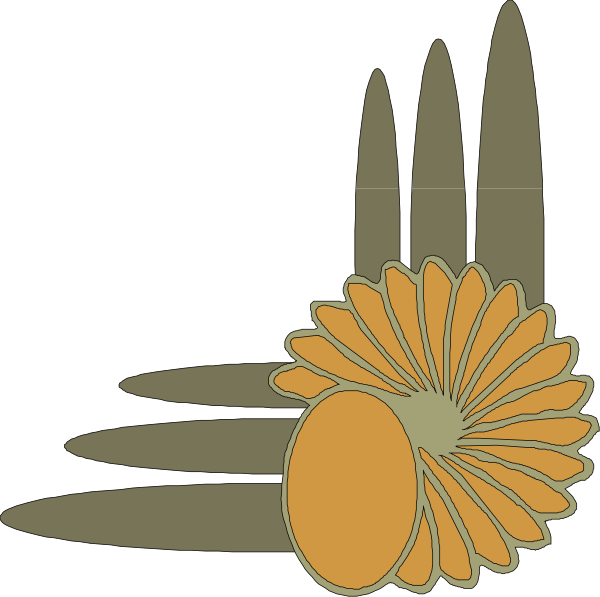 The image shows a sunflower with its petals spread out against a black background on top of what appears to be an orange flower-like object that resembles a stylized representation of a pineapple, and there is also another similar shape in front of it at bottom right corner.