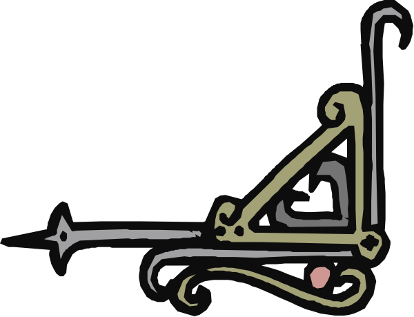 The black and white illustration shows a simple cartoon of an object that resembles a crossbow with two arms extending outward from its center; one arm has what appears to be a small wheel attached, while on top is another smaller element which could represent a scope or sight for aiming.