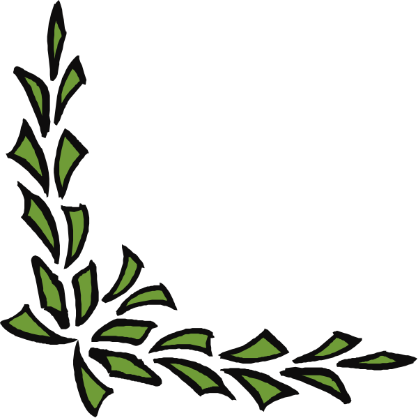 The black background features a white laurel wreath with green leaves on either side of it at top center.