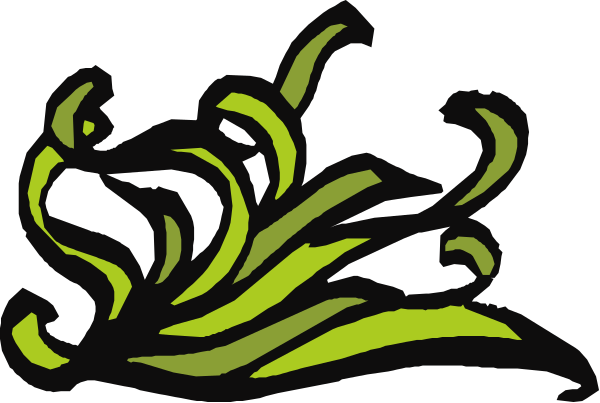 The image shows a black background with two stylized green plants on either side of an abstract design that resembles waves in white coloring against a darker backdrop.