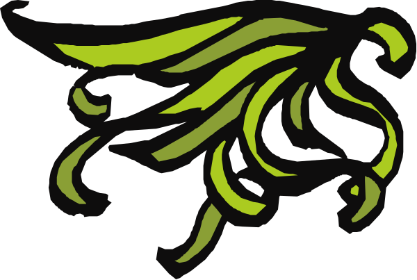 The image shows a stylized graphic of an animal with wings that resembles a bird, possibly a hummingbird due to its shape; it is colored in shades of green and yellow against a black background.