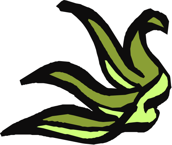 The image shows a stylized graphic of an abstract bird with green wings flying over what appears to be bananas on top of leaves in shades of yellow and lime green against a black background.