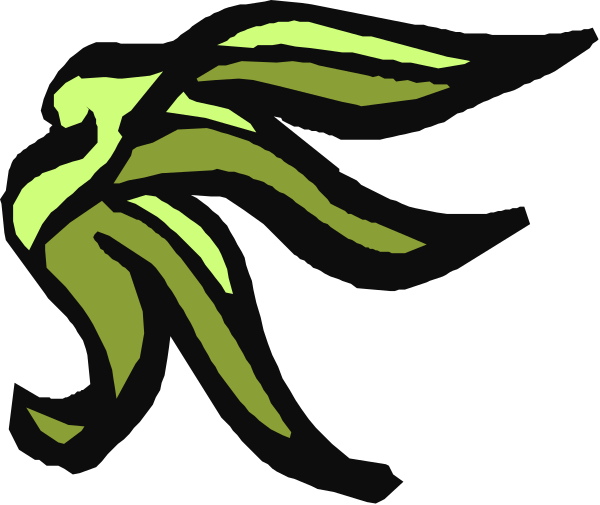 The image shows a stylized graphic of an abstract design with green and yellow elements that resemble leaves on either side connected by what appears to be black lines forming a shape reminiscent of a bird in flight, set against a dark background.
