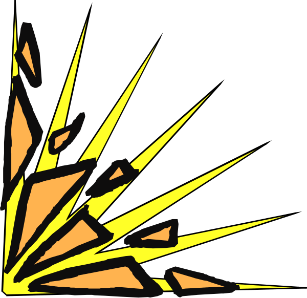 The black background features a yellow explosion with orange sparks emanating from it on its right side.