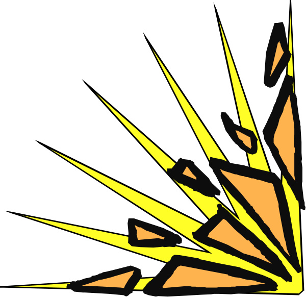The image shows a stylized explosion with shards of glass flying outward from an impact point at the bottom center.