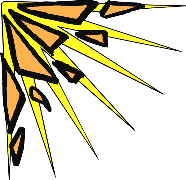 The black background has a yellow explosion with orange sparks emanating from it on top of an abstract shape that resembles a sunburst pattern in white lines against the dark backdrop.
