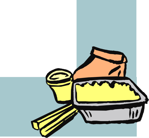 The image shows a cartoon depiction of food items on top of what appears to be a blue surface with white borders at each corner.