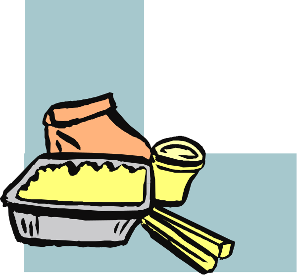 The image shows a cartoon depiction of food items on top of what appears to be an open container with utensils inside it; there is also a cup next to some fries in their packaging.