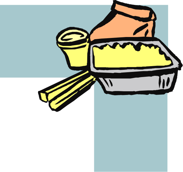 The cartoon shows a person holding an open container of food with their left hand while standing next to it on what appears to be a blue surface; there is also another similar object in front of them that looks like a tray, and both containers have yellow contents inside.