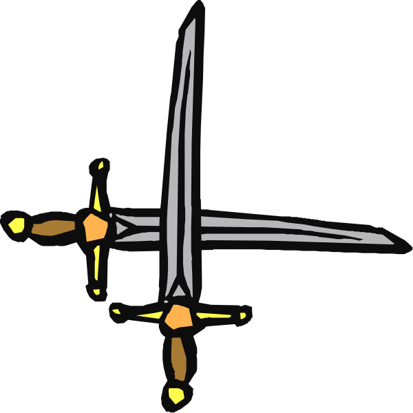 The black and white line drawing shows a sword with two crossed blades on top of each other against an unadorned background.