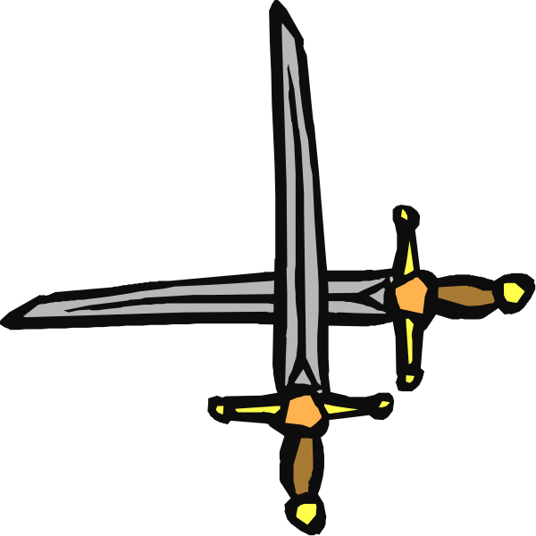 The black and white line drawing shows a sword with two crossed blades on top of each other against an untextured background.