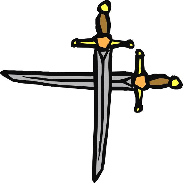 The black and white line drawing shows a cross with two swords crossed behind it on either side of an X-shaped intersection in front of each other.