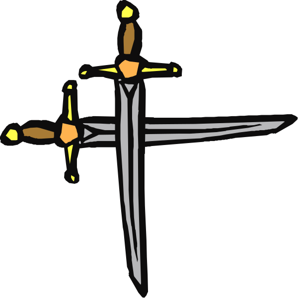 The black and white line drawing shows a cross with two swords crossed behind it on either side of an X-shaped intersection at its center.