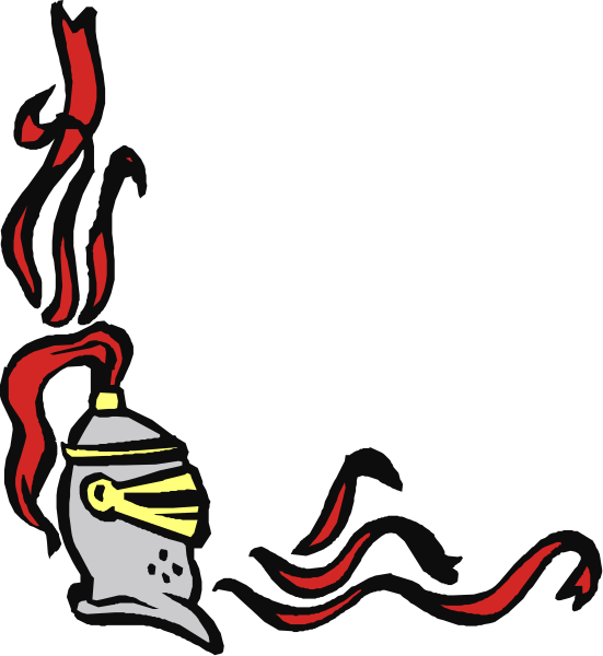 The black and white logo features a shield with red flames on it next to an armored knight holding a sword.