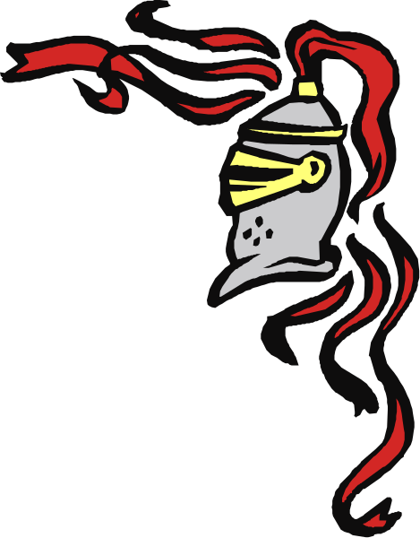 The image shows a stylized illustration of an armored knight with red hair on top of his helmet, holding what appears to be a sword in one hand while waving it slightly above him with the other.