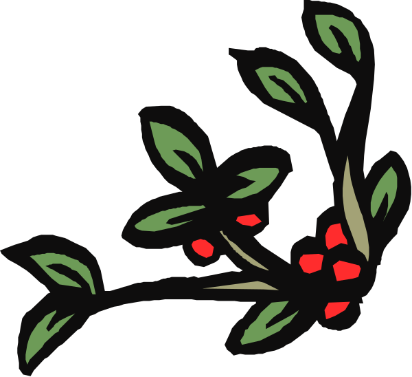 The image shows a stylized illustration of red berries with green leaves on either side, resembling holly branches against a dark background.